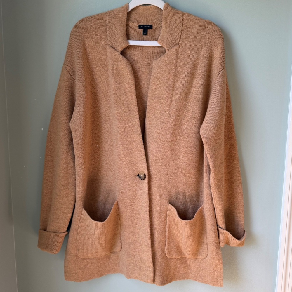 Talbots Knit Blazer Cardigan Sweater Camel Tan Single Button Pockets Size Large